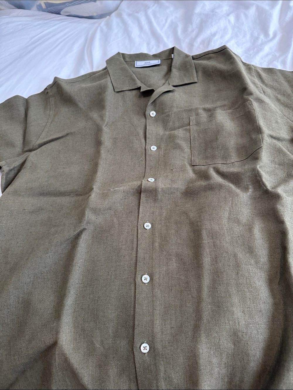 Ami Olive Green Short-Sleeve Button-Down Heavy Duty Linen Shirt,New never worn